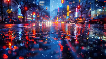 A futuristic metropolis with neon lights reflecting on rain-soaked streets.