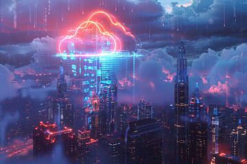 Fototapeta na wymiar Cloud computing logo above a city skyline