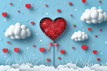 Fototapeta na wymiar Love and valentine's day illustration with heart balloon, gift and clouds. Generative AI