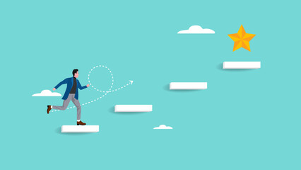 journey to achieve hope of success in business, hope of career development progress, growing journey to achieve business success, businessman running up stairs to reach star vector illustration - obrazy, fototapety, plakaty