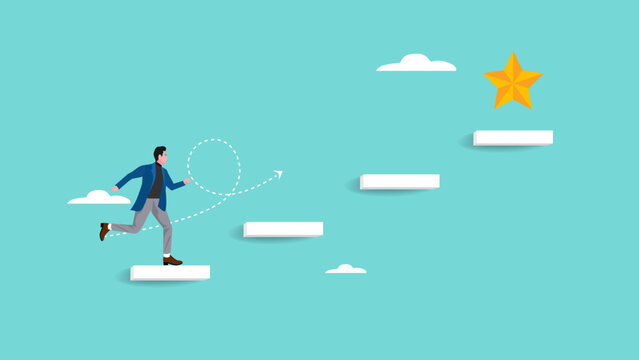 journey to achieve hope of success in business, hope of career development progress, growing journey to achieve business success, businessman running up stairs to reach star vector illustration