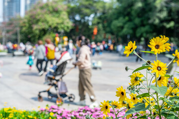 Obraz premium Citizens taking their children to play in Guangzhou parks in spring