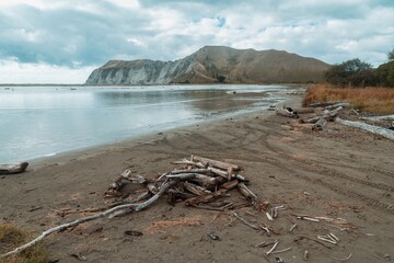 Estuary in Poverty bay. In the background is the headland of Young Nicks head. Gisborne, New Zealand.