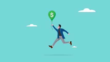 reach financial freedom, Achieve financial goals with successful business or investment return, happy businessman jumping to catch balloon with dollar money concept illustration
