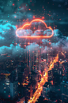 Cloud computing logo above a city skyline