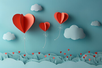 Paper art of group of red balloons combine heart shape with doodles love icon and copy space