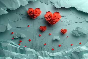 Paper art of group of red balloons combine heart shape with doodles love icon and copy space
