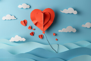 Paper art of heart balloon flying and spreading little heart in the sky, origami and valentine's day