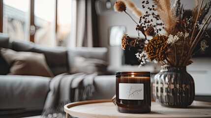 Fototapeta na wymiar A closeup shot of an elegant, dark brown candle with a white label sitting on a table in front of a sofa and a vase filled with dried flowers The room has a modern, cozy interior design