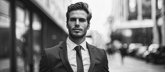 A man in a blackandwhite suit and tie is strolling down the city street, flashing a smile and a happy gesture. His stylish beard complements the dress shirt collar