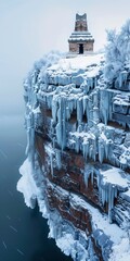 cliff ice covered deep small building vertical shrouded tropic climate standing edge buffalo tufted softly fine chilly