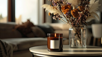 A closeup shot of an elegant, dark brown candle with a white label sitting on a table in front of a sofa and a vase filled with dried flowers The room has a modern, cozy interior design