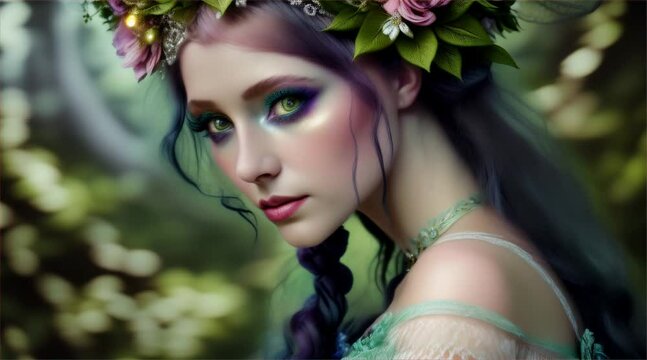 森の中の花の冠を被った美女
