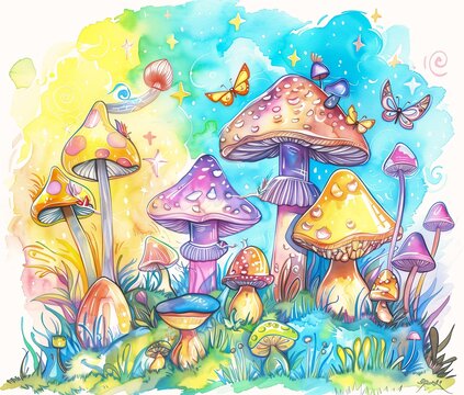 different colored mushrooms grass illustrations sticker painted bright deep color magical city acid pixie amanita