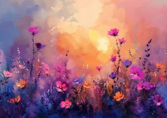 field flowers sun background scary color floating bouquets pink gorgeous brush strokes random tall soft light - obrazy, fototapety, plakaty