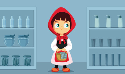 Funny Red Riding Hood at the Supermarket Vector Cartoon illustration. Granddaughter thinking to buy more food for granny
