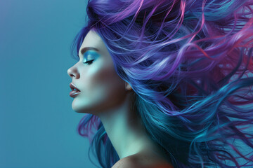 Naklejka premium A woman with purple hair is the main focus of the image. The hair is long and flowing, giving the impression of movement and freedom. The woman's face is also prominent, with a smile