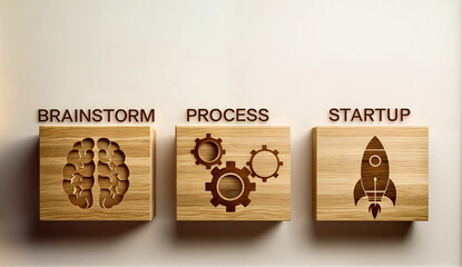 Three wooden blocks of Brainstorm, Process and Startup, having corresponding icon of a brain, gears and a rocket, respectively. Concept of new startup business idea, innovation, teamwork, success. - obrazy, fototapety, plakaty