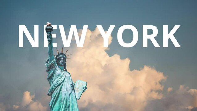 statue of liberty with the name New York written behind it - travel adventure incredible landscape discovery - 2.5d parallax animation.