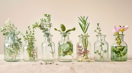 Vintage Apothecary Charm. Glass jars filled with aromatic herbs and delicate blossoms arranged on a beige surface, reminiscent of traditional apothecary allure. - obrazy, fototapety, plakaty