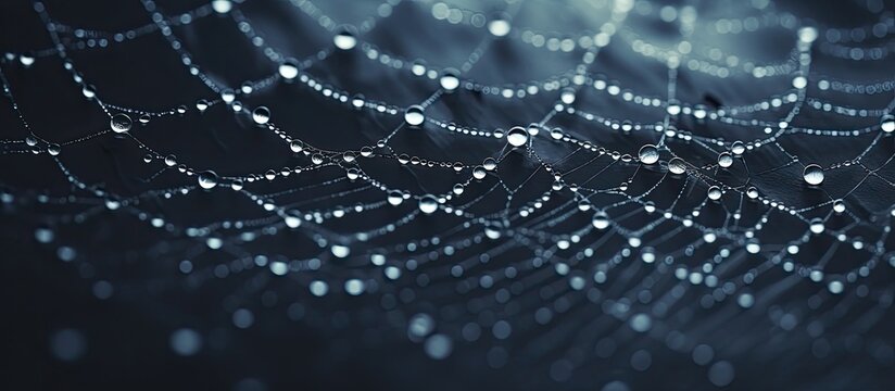 A closeup photo of a spider web covered in water drops, resembling an electric blue pattern. The moisture on the web contrasts with the freezing city asphalt below, under a sky full of drops