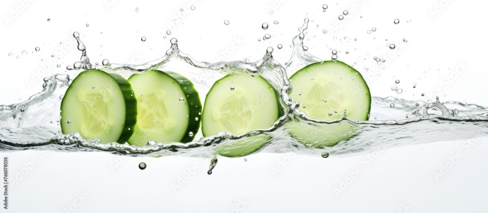 Poster three cucumber slices gracefully fall into the flowing stream, showcasing the freshness of a key ing