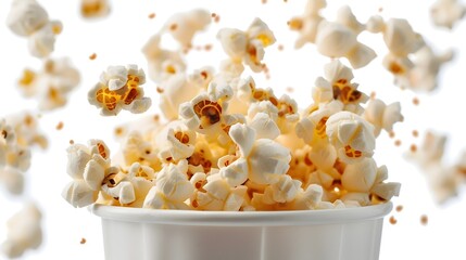 Explosion of Fluffy and Crisp Popcorn Kernels Against a White Background