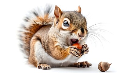 An exuberant squirrel with a cheerful wide-open expression delightfully holds an acorn in its paws against a clean
