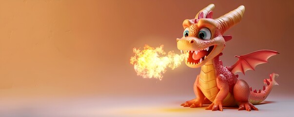 Naklejka premium Excited Mythical Dragon Creature Blowing Tiny Fiery Flame on Isolated Background