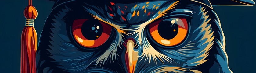 Intrigued Wise Owl in Graduation Cap Gazing with Piercing Eyes on White Background - obrazy, fototapety, plakaty