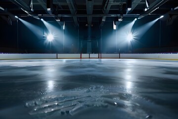 Snow and ice background. Empty ice rink illuminated by spotlights Generative AI