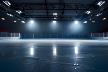 Snow and ice background. Empty ice rink illuminated by spotlights Generative AI