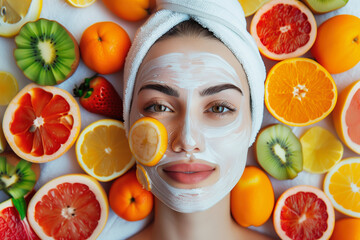 A woman with a green face mask on top of a table with fruit. The fruit includes oranges, strawberries, and kiwis
