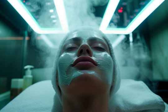 A woman is getting a facial treatment in a spa. The woman is wearing a white towel and has a mask on her face. The room is dimly lit and has a steamy atmosphere