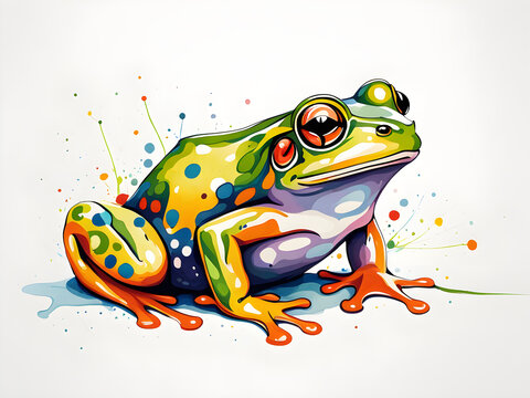 Colorful frogs standing on branches, illustration materials with colorful water splashes background