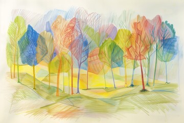 brightly colored drawing forest trees background dreamlike light incidence volumetric lighting green hill sunbeams illustration warm rendition autumn bare store - obrazy, fototapety, plakaty