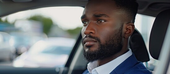 A man with a beard wearing a hat is seated in the drivers seat of a personal luxury car, adjusting the rearview mirror before an event