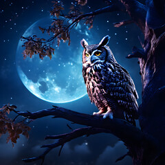 A majestic owl perched on a gnarled tree trunk, silhouetted against the full moon in the night sky. The bokeh background adds a dreamy touch to this highly realistic and detailed rendering. With its p - obrazy, fototapety, plakaty