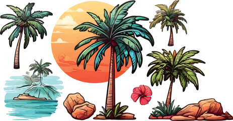 "Exotic Coconut Tree Vectors: Island Paradise Illustrations"