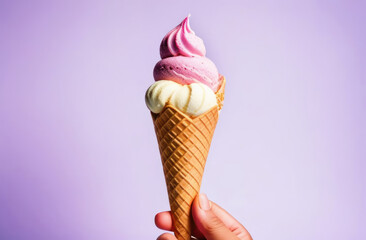 Hand holds ice cream in waffle cone on light lilac background