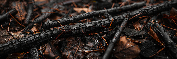 close up of black sticks and leaves on the ground, burnt wood with water droplets, detailed foliage, generative AI
