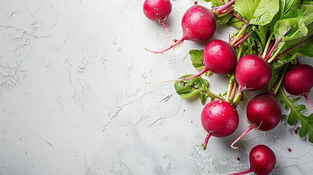 An array of sprouting red radishes with green foliages over a white setting health related and space, Generative AI.