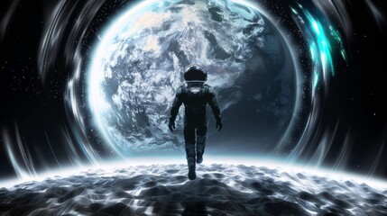 an astronaut with a dark black spacesuit staring at a giant dark Grey and light blue color Planet, cinematic shot wide angle - obrazy, fototapety, plakaty
