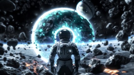 an astronaut with a dark black spacesuit staring at a giant dark Grey and light blue color Planet, cinematic shot wide angle