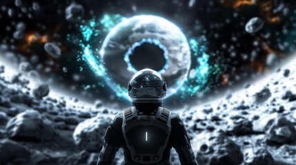 an astronaut with a dark black spacesuit staring at a giant dark Grey and light blue color Planet,...