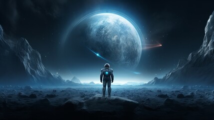 an astronaut with a dark black spacesuit staring at a giant dark Grey and light blue color Planet, cinematic shot wide angle - obrazy, fototapety, plakaty