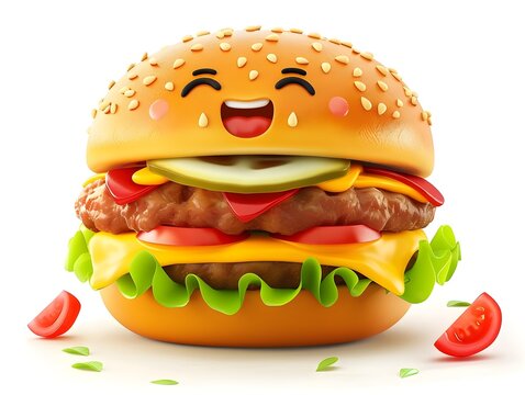 Cheerful Cartoon Burger - Tempting and Inviting Fast Food Meal on White Background