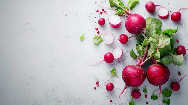 An array of sprouting red radishes with green foliages over a white setting health related and space, Generative AI.