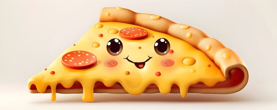 This vibrant and playful image depicts a cartoon pizza slice with a friendly grinning facial expression