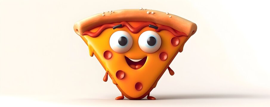This vibrant and playful image depicts a cartoon pizza slice with a friendly grinning facial expression